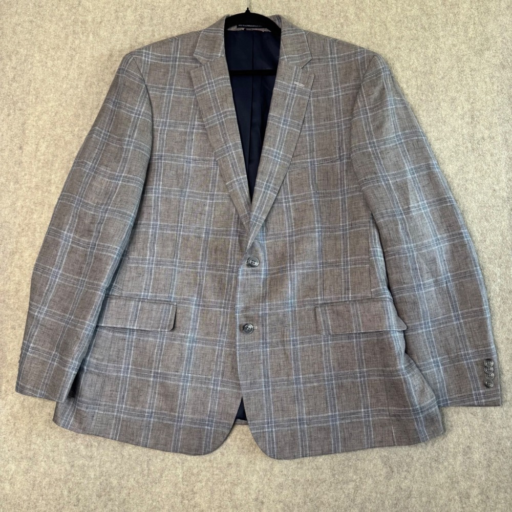 Tommy Hilfiger Glen Plaid 100% Linen Blazer Mens 44R Grey Blue Regular Fit Sport